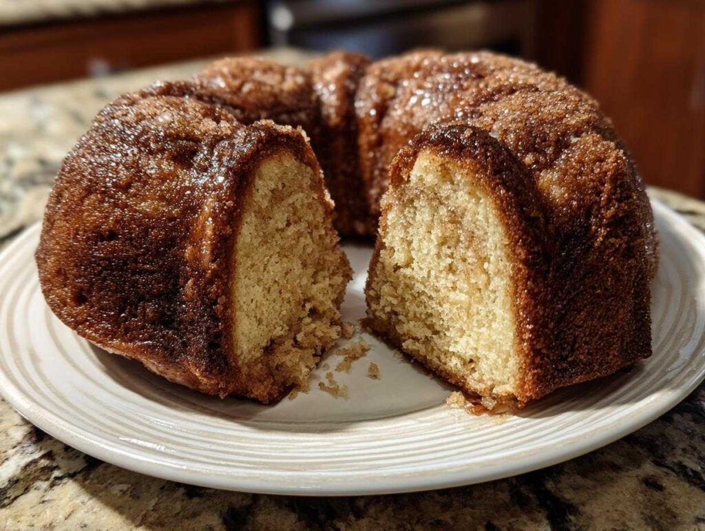 A close-up of a moist Apple Cider Donut Cake, with a slice removed to reveal its tender crumb.