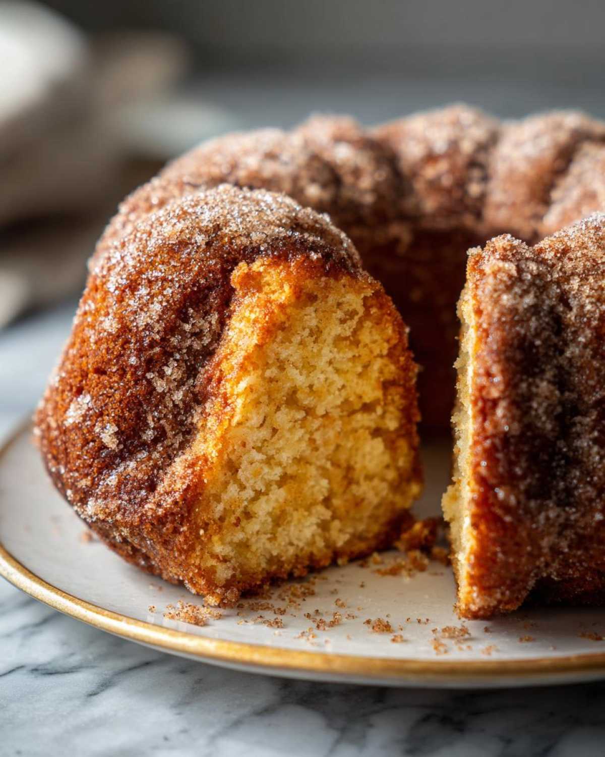 A slice of moist Apple Cider Donut Cake dusted with cinnamon sugar on a plate.