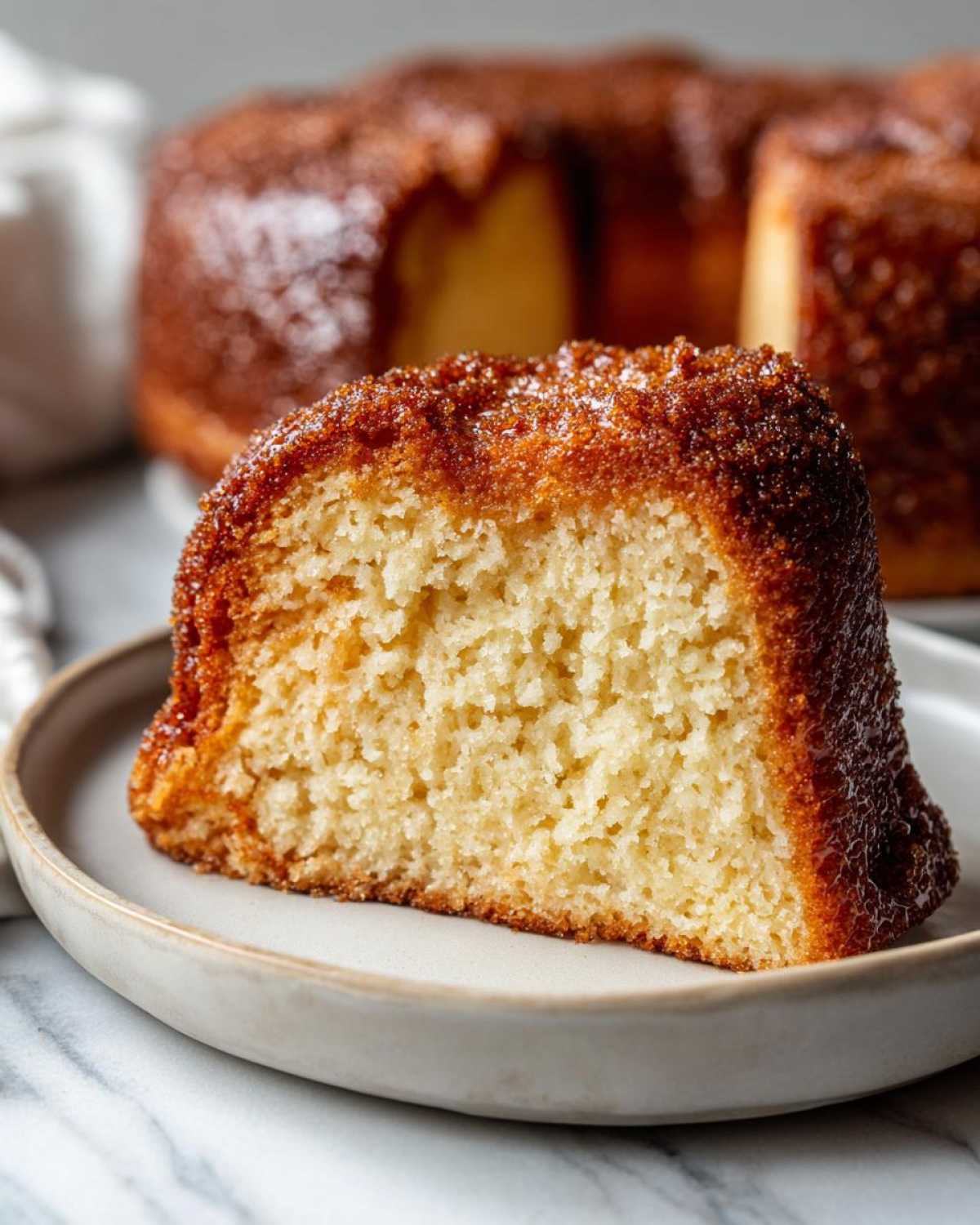 A close-up of a slice of moist Apple Cider Donut Cake on a plate, with the rest of the cake in the background.