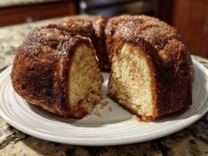 A close-up of a moist Apple Cider Donut Cake, with a slice removed to reveal its tender crumb.