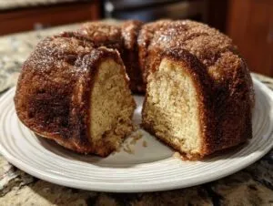 A close-up of a moist Apple Cider Donut Cake, with a slice removed to reveal its tender crumb.