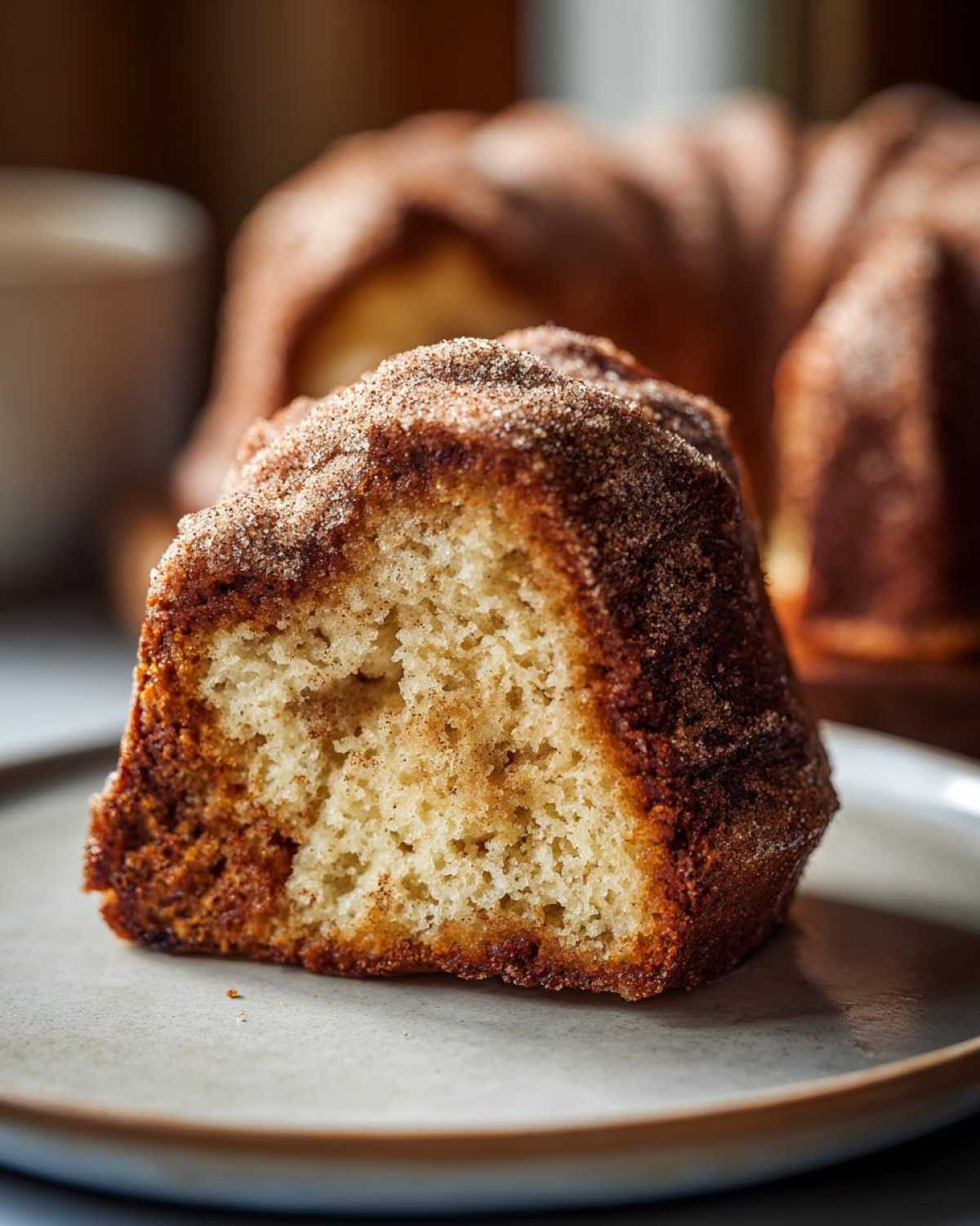 A close-up of a slice of apple cider donut cake, dusted with cinnamon sugar, on a plate.