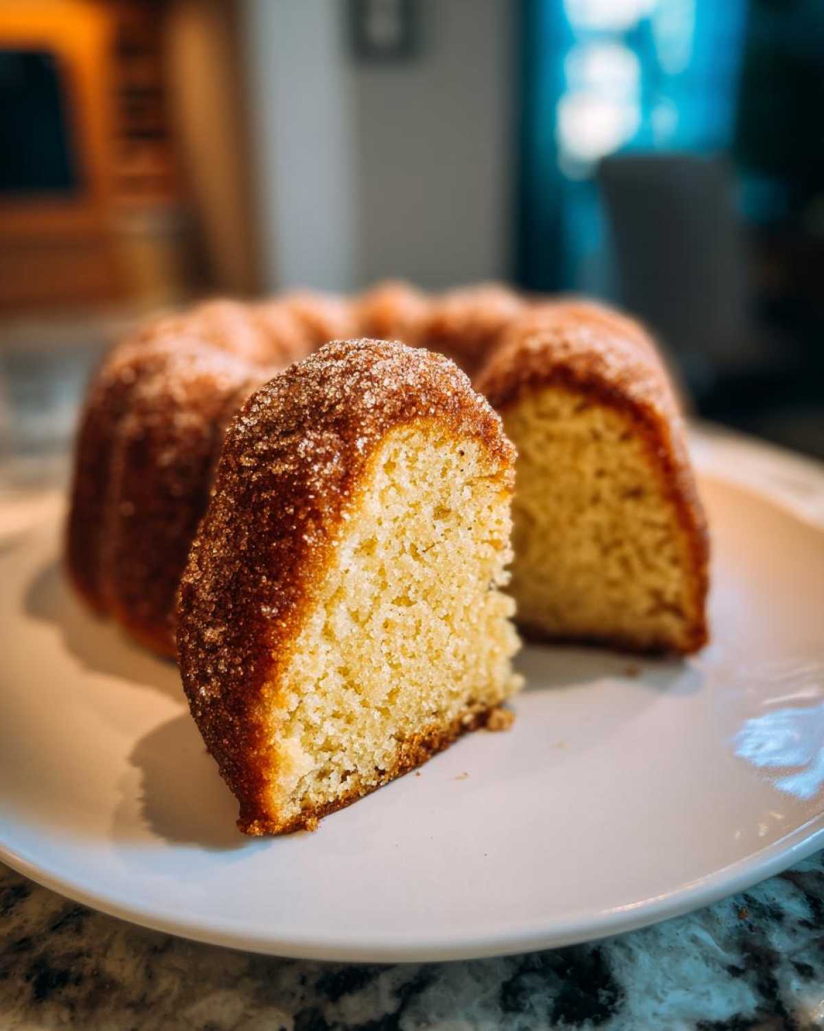 A slice of moist Apple Cider Donut Cake coated in cinnamon sugar, served on a white plate.
