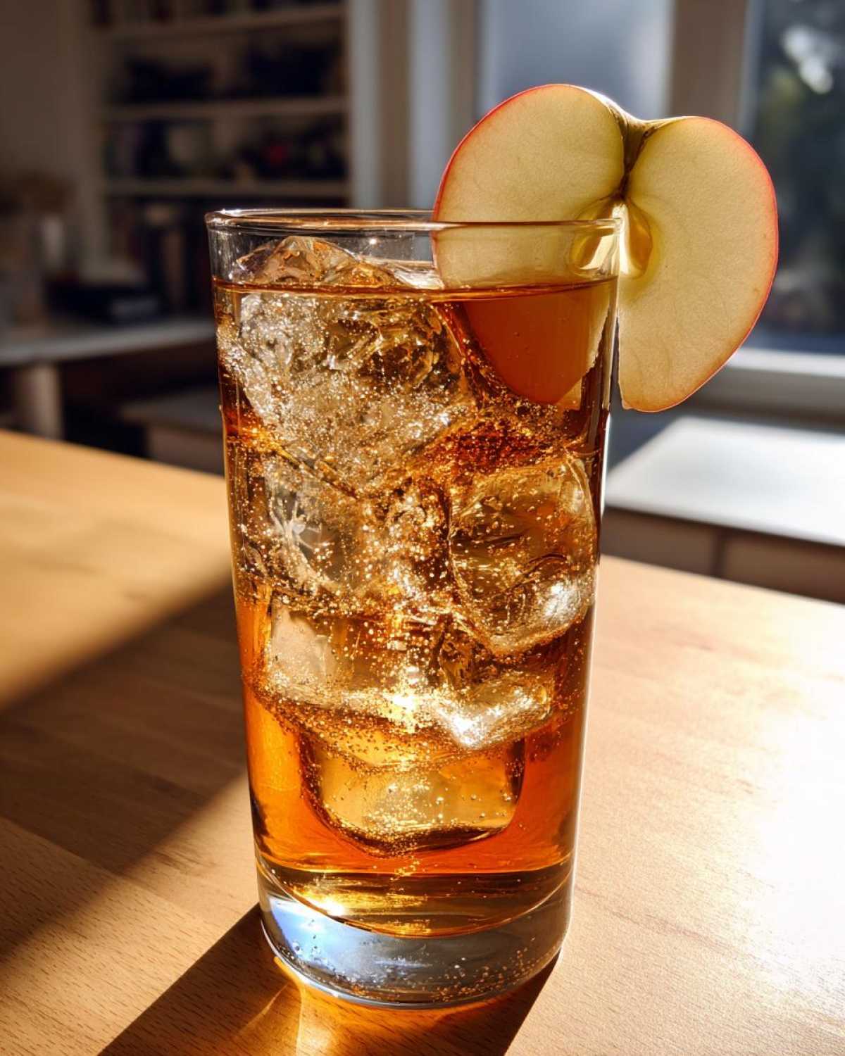 A refreshing Apple Cider Long Island Iced Tea in a tall glass, filled with ice and garnished with a fresh apple slice.