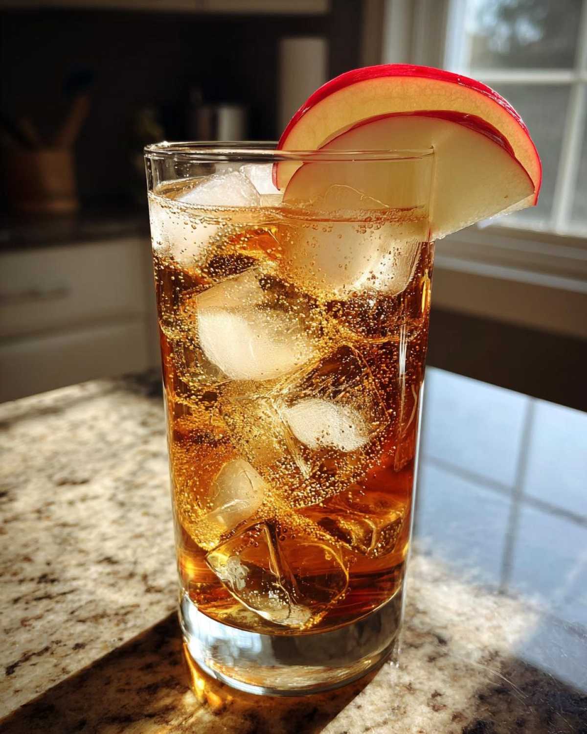 A tall glass filled with ice and Apple Cider Long Island Iced Tea, garnished with apple slices.