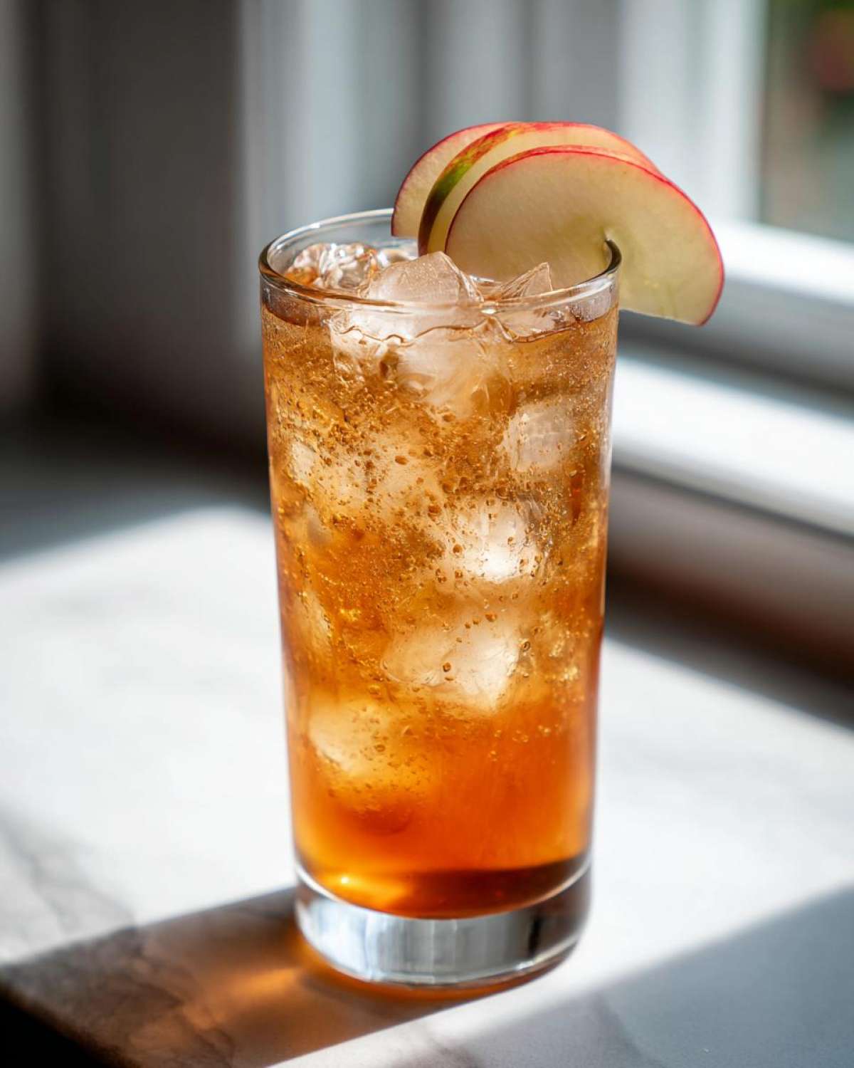 A tall glass filled with ice and Apple Cider Long Island Iced Tea, garnished with thin apple slices.