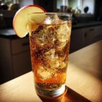 A tall glass filled with Apple Cider Long Island Iced Tea, ice, and garnished with a slice of red apple.
