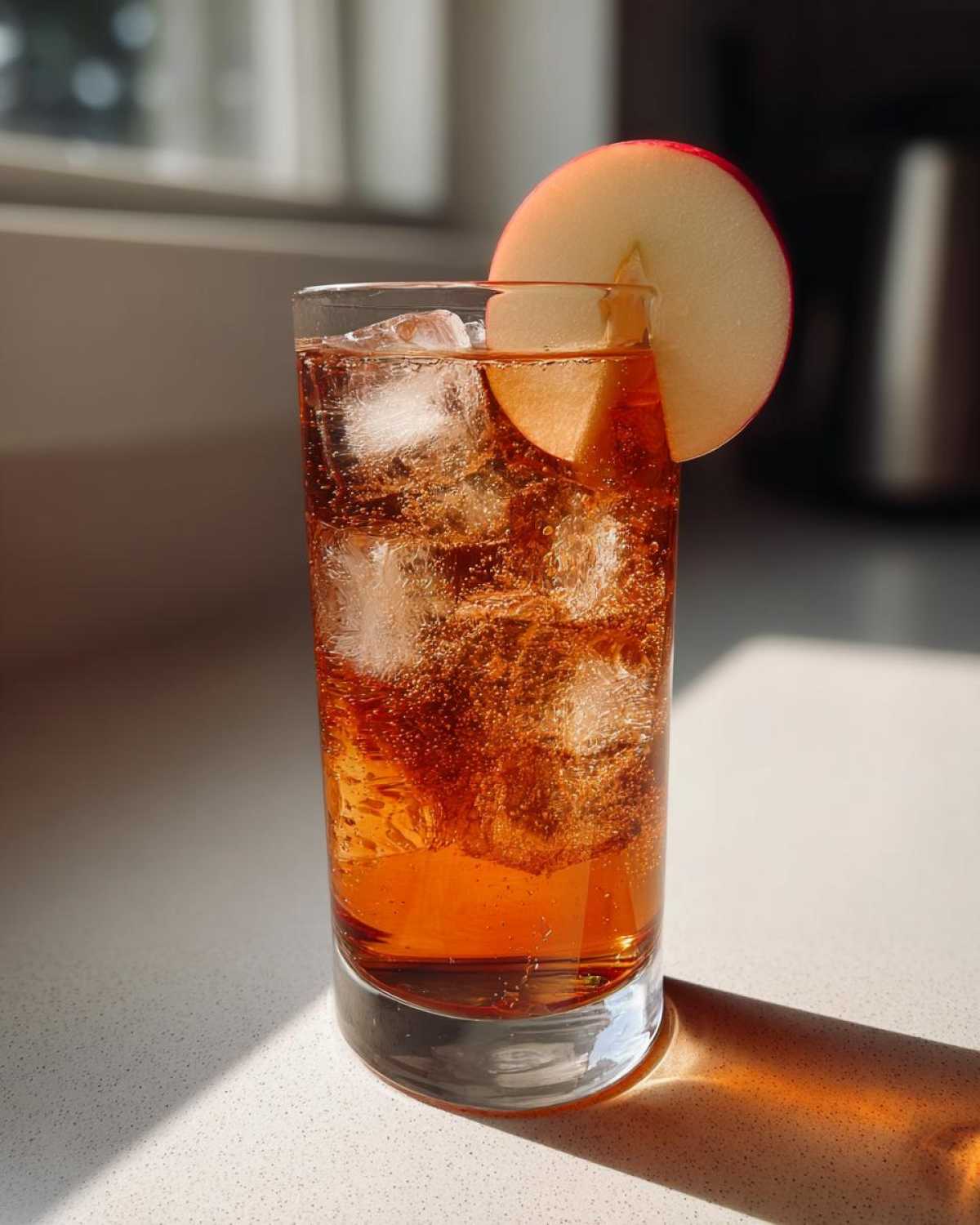 A tall glass filled with Apple Cider Long Island Iced Tea, ice, and garnished with an apple slice.