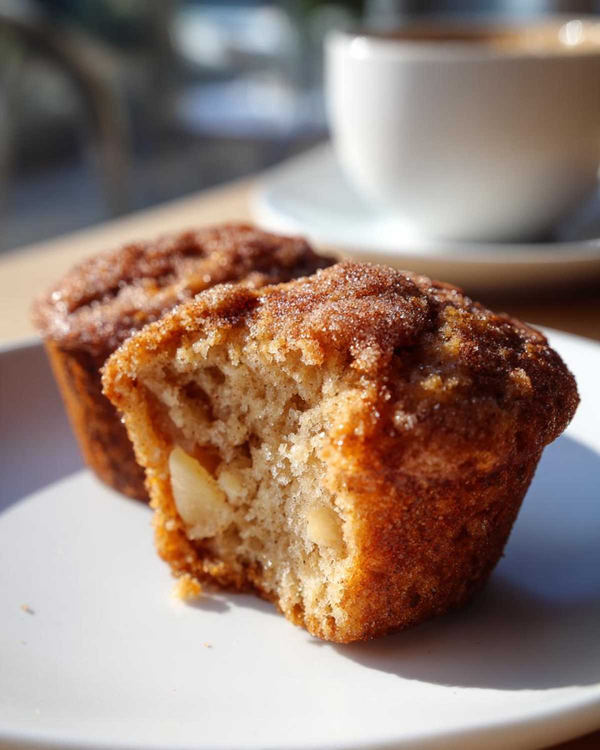 Close-up of a bite taken out of a moist apple cinnamon muffin, showing chunks of apple inside, with another muffin and a cup of coffee in the background.