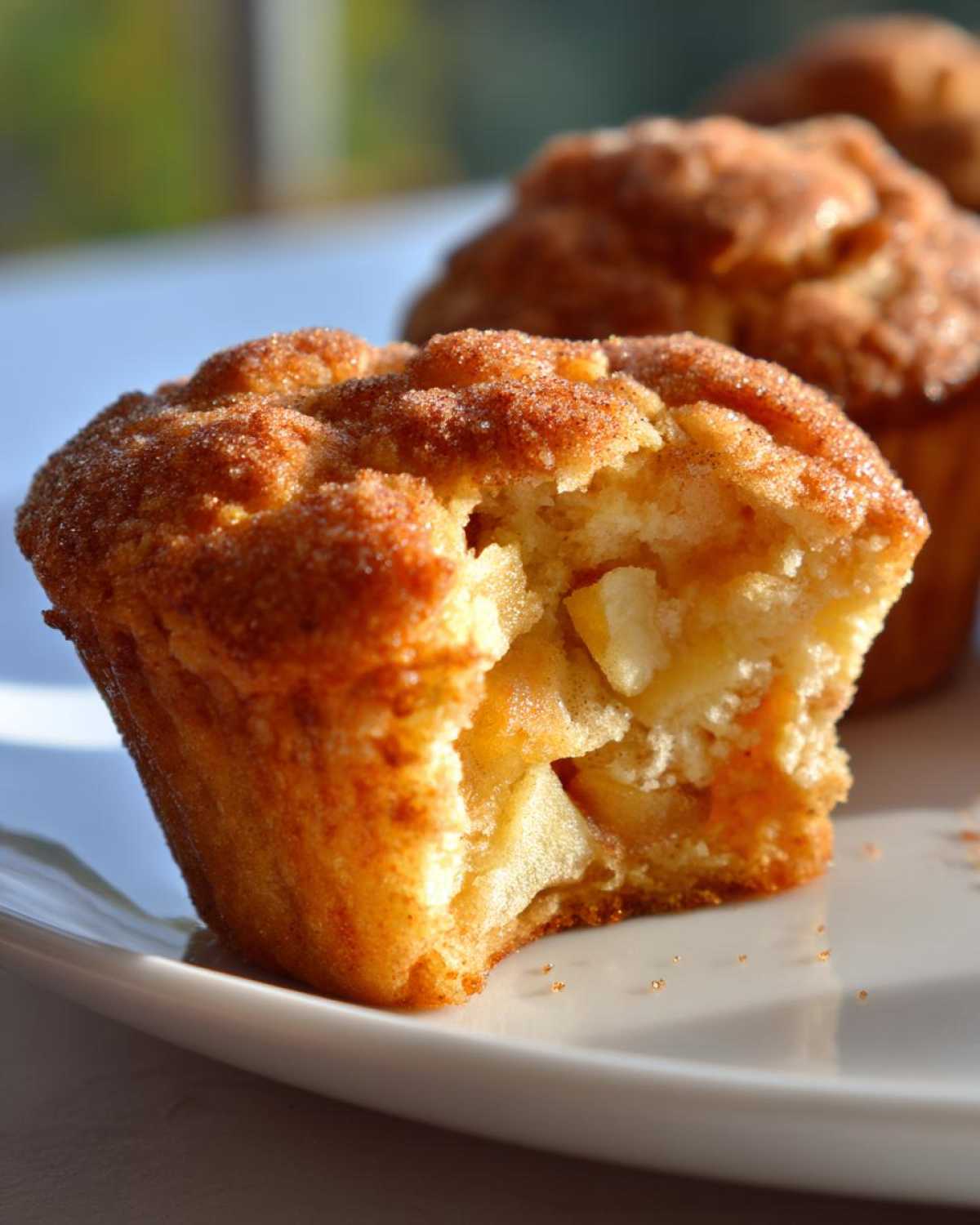 A close-up of a delicious apple cinnamon muffin with a bite taken out, revealing chunks of apple inside.