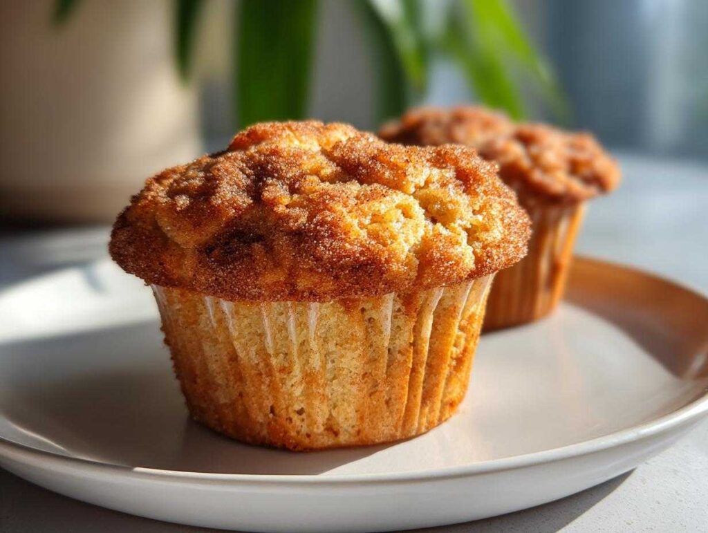 Close-up of two irresistible apple cinnamon muffins with a golden brown, cinnamon sugar-coated tops, served on a white plate.