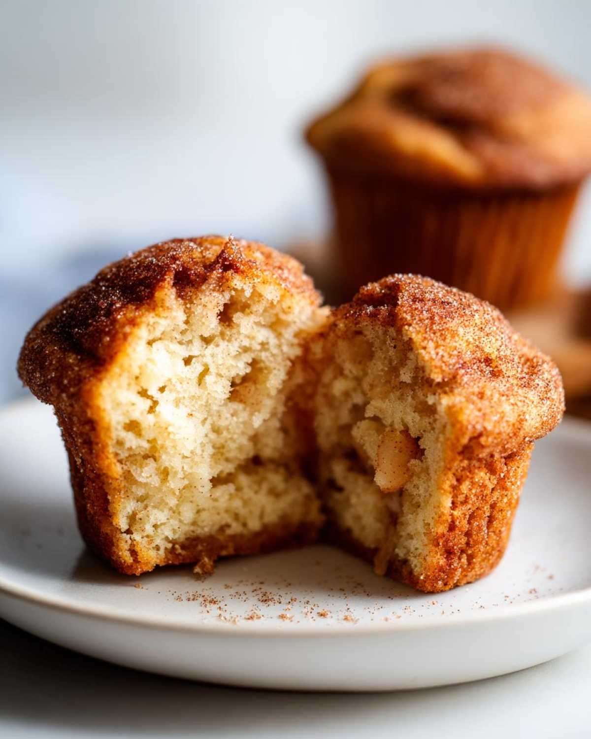 Close-up of a split apple cinnamon muffin on a plate, showing a fluffy interior with visible apple pieces.