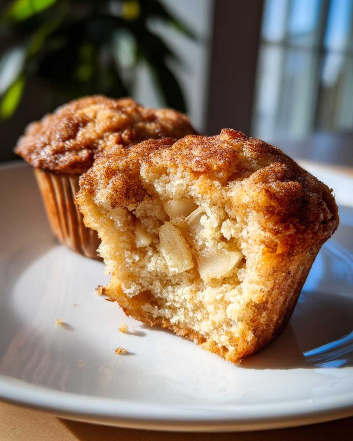 Close-up of a delicious apple cinnamon muffin, with one bitten into, revealing chunks of apple and a cinnamon streusel topping.