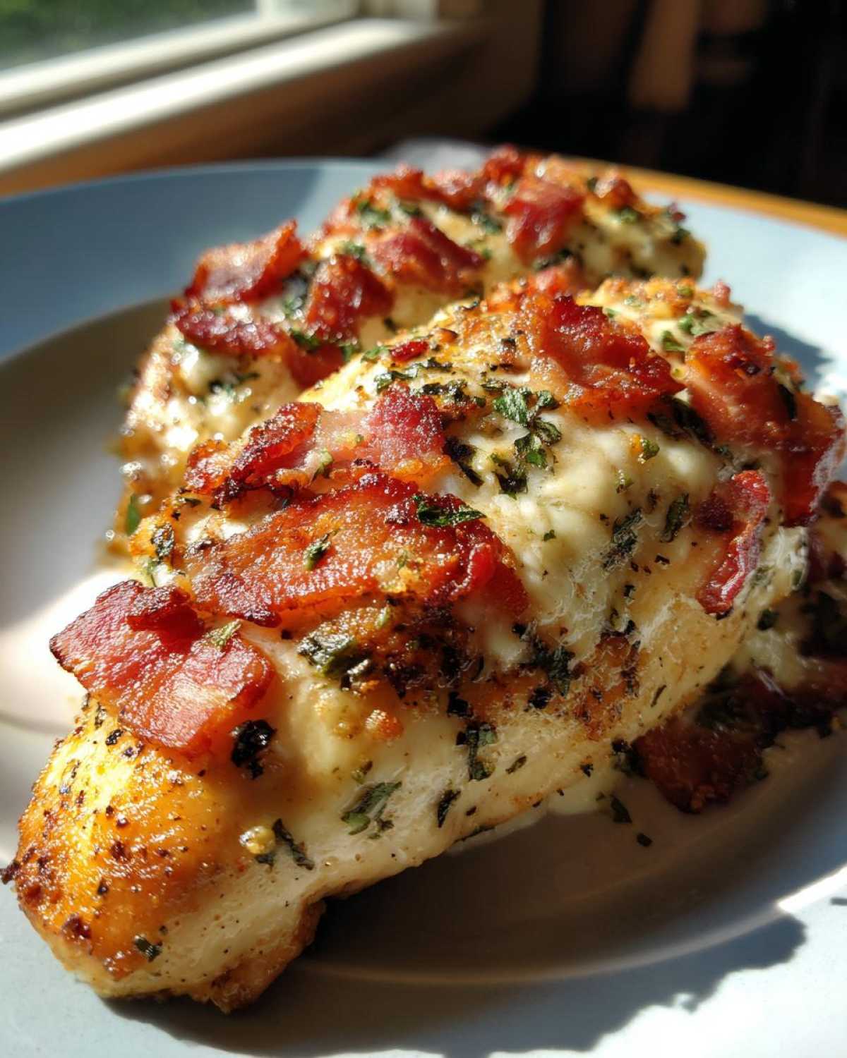 Close-up of two juicy chicken breasts topped with melted cheese, crispy bacon, and herbs.