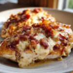 Close-up of a juicy chicken breast topped with melted cheese, crispy bacon bits, and herbs.