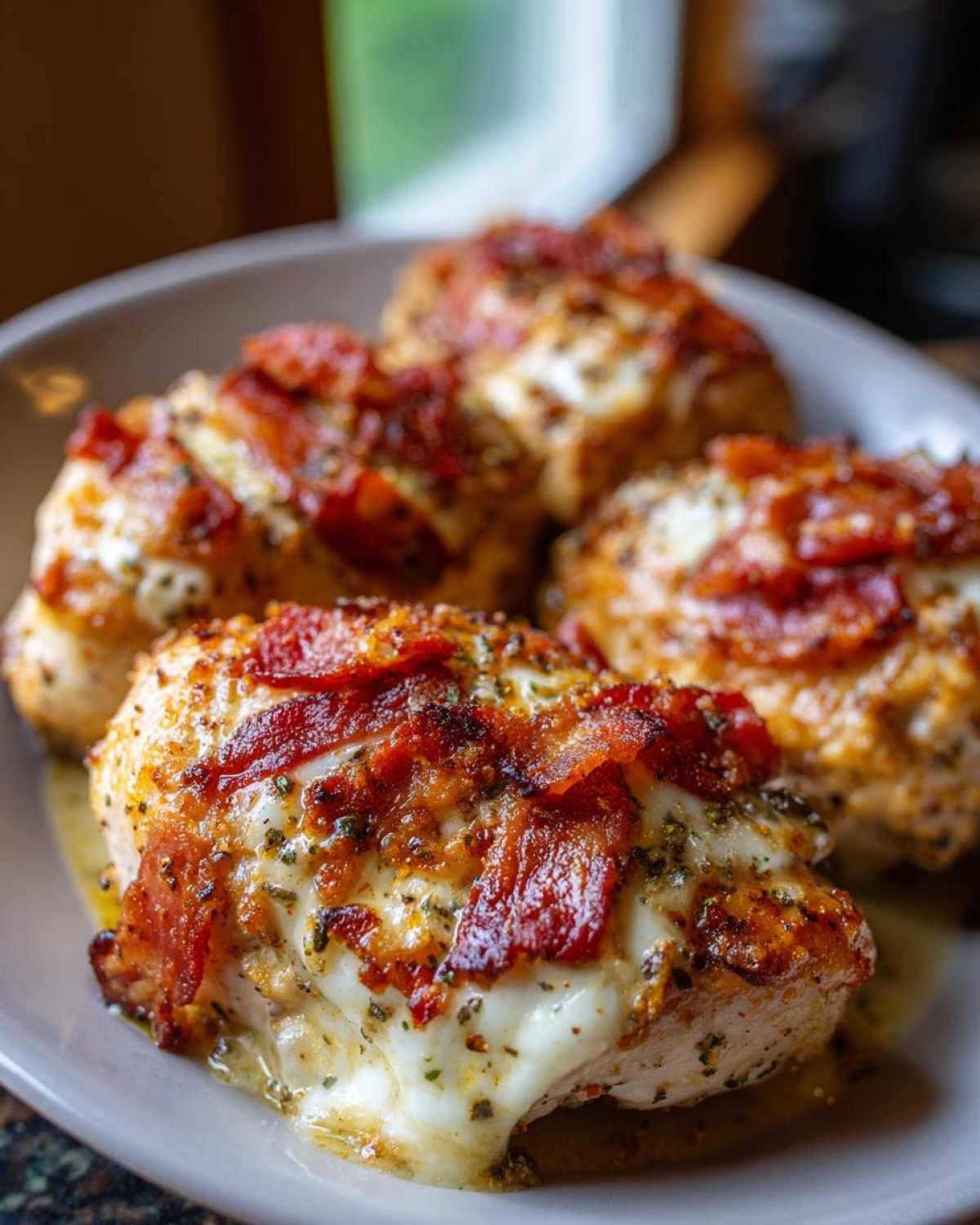 Close-up of four cooked chicken breasts topped with crispy bacon, melted cheese, and herbs.