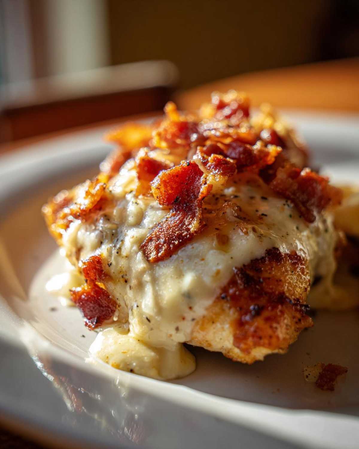 Close-up of a piece of Bacon Garlic Parmesan Chicken topped with crispy bacon and creamy sauce.