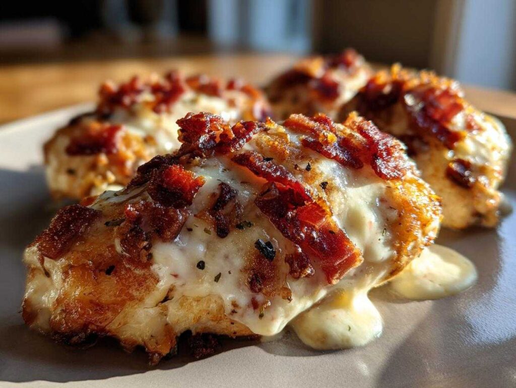 Close-up of crispy Bacon Garlic Parmesan Chicken, topped with melted cheese and bacon bits.