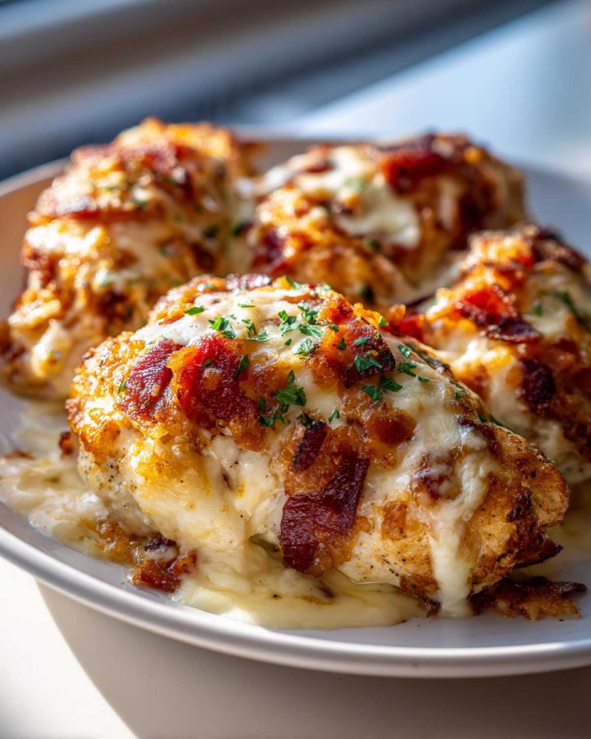 Close-up of crispy bacon garlic parmesan chicken breasts topped with melted cheese and parsley.