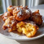A close-up of golden-brown baked apple fritters dusted with powdered sugar, one fritter is broken open to reveal tender apple pieces.