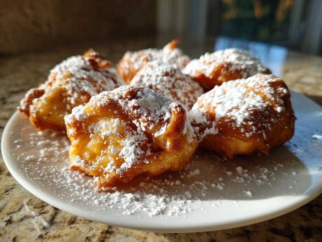 A close-up shot of golden-brown baked apple fritters generously dusted with powdered sugar on a white plate.