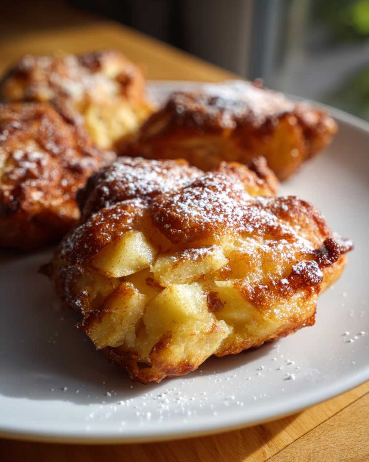 Close-up of golden brown baked apple fritters dusted with powdered sugar on a white plate.