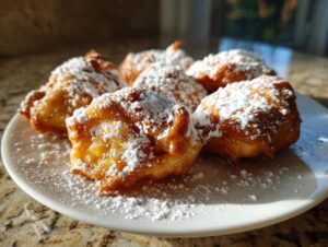 A close-up shot of golden-brown baked apple fritters generously dusted with powdered sugar on a white plate.