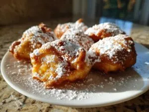 A close-up shot of golden-brown baked apple fritters generously dusted with powdered sugar on a white plate.