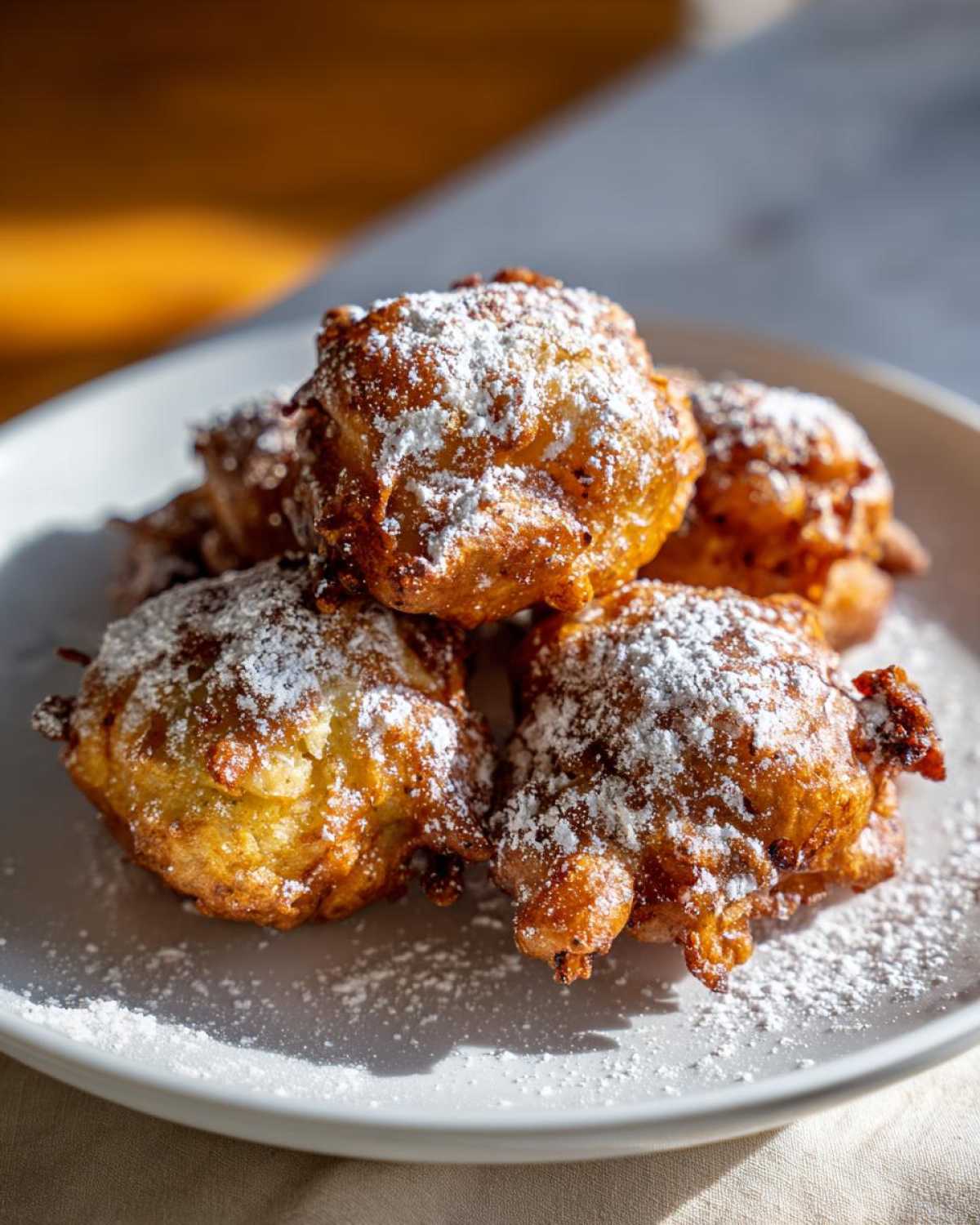A close-up of golden brown baked apple fritters generously dusted with powdered sugar on a white plate.