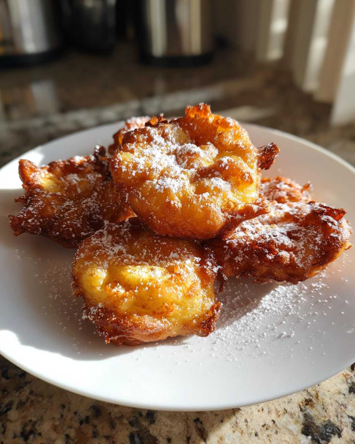 A close-up of golden brown baked apple fritters dusted with powdered sugar on a white plate.