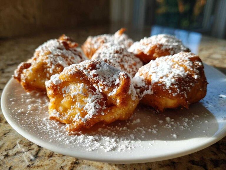 A close-up shot of golden-brown baked apple fritters generously dusted with powdered sugar on a white plate.