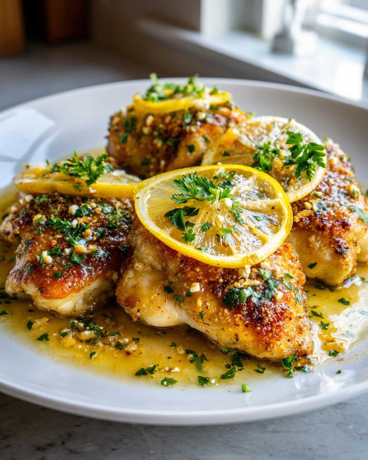 Close-up of baked chicken with crispy feta and zesty vinaigrette, garnished with lemon slices and parsley.