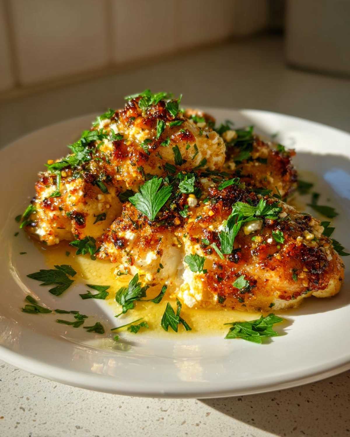 Close-up of baked chicken with crispy feta cheese topping and fresh parsley, drizzled with zesty vinaigrette.