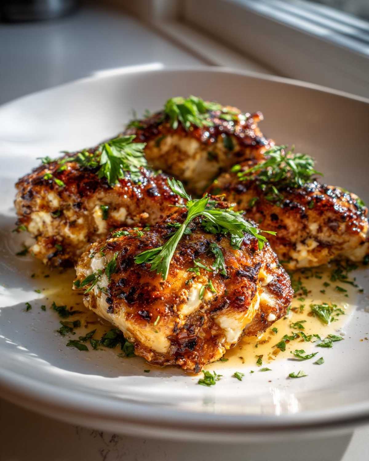 Close-up of baked chicken with crispy feta, garnished with fresh parsley and drizzled with vinaigrette.