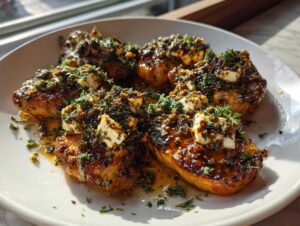 Close-up of baked chicken pieces topped with crispy feta, herbs, and a zesty vinaigrette on a white plate.