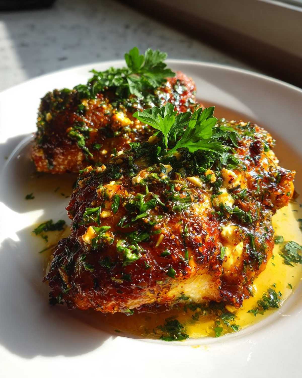 Close-up of two pieces of baked chicken with crispy feta cheese and a zesty vinaigrette, garnished with fresh parsley.
