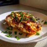A close-up of baked chicken topped with crispy feta cheese and fresh parsley, glistening with zesty vinaigrette.