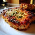 Close-up of golden-brown baked parmesan pork chops, sprinkled with fresh parsley, on a white plate.