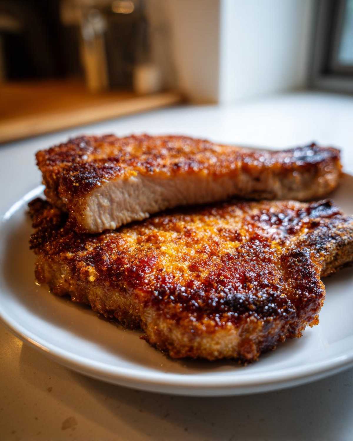 Close-up of two juicy baked parmesan pork chops on a white plate, showing their crispy golden-brown coating.