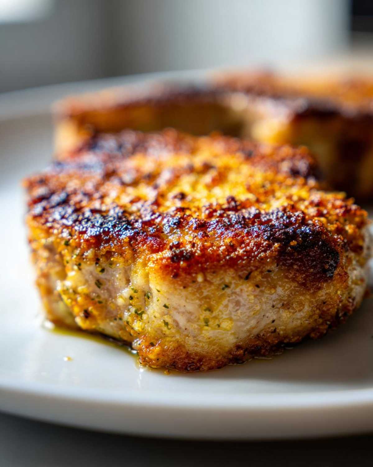 Close-up of a perfectly baked parmesan pork chop, showcasing a crispy golden-brown crust and juicy interior.