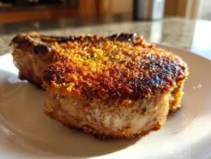 Close-up of two perfectly baked parmesan pork chops on a white plate, showcasing a crispy golden-brown crust.