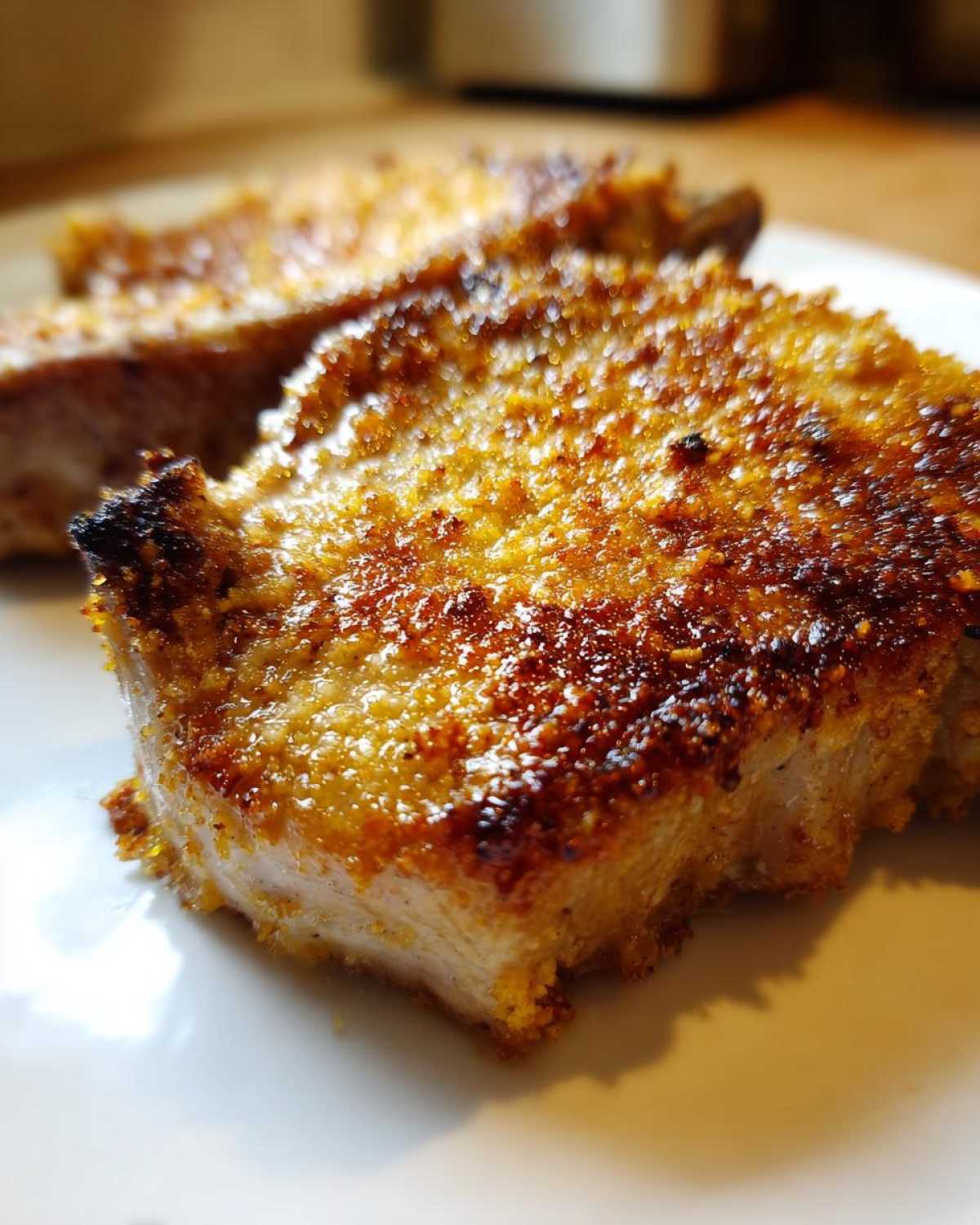 Close-up of a crispy, golden-brown baked parmesan pork chop on a white plate.