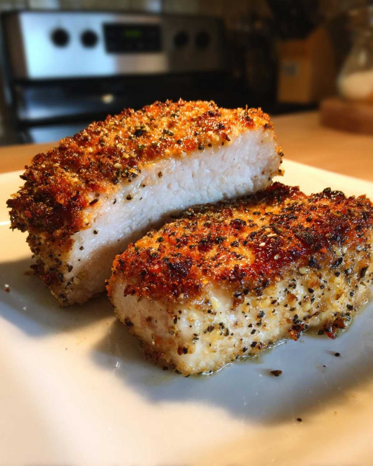 Close-up of two juicy baked parmesan pork chops, one sliced in half, on a white plate.