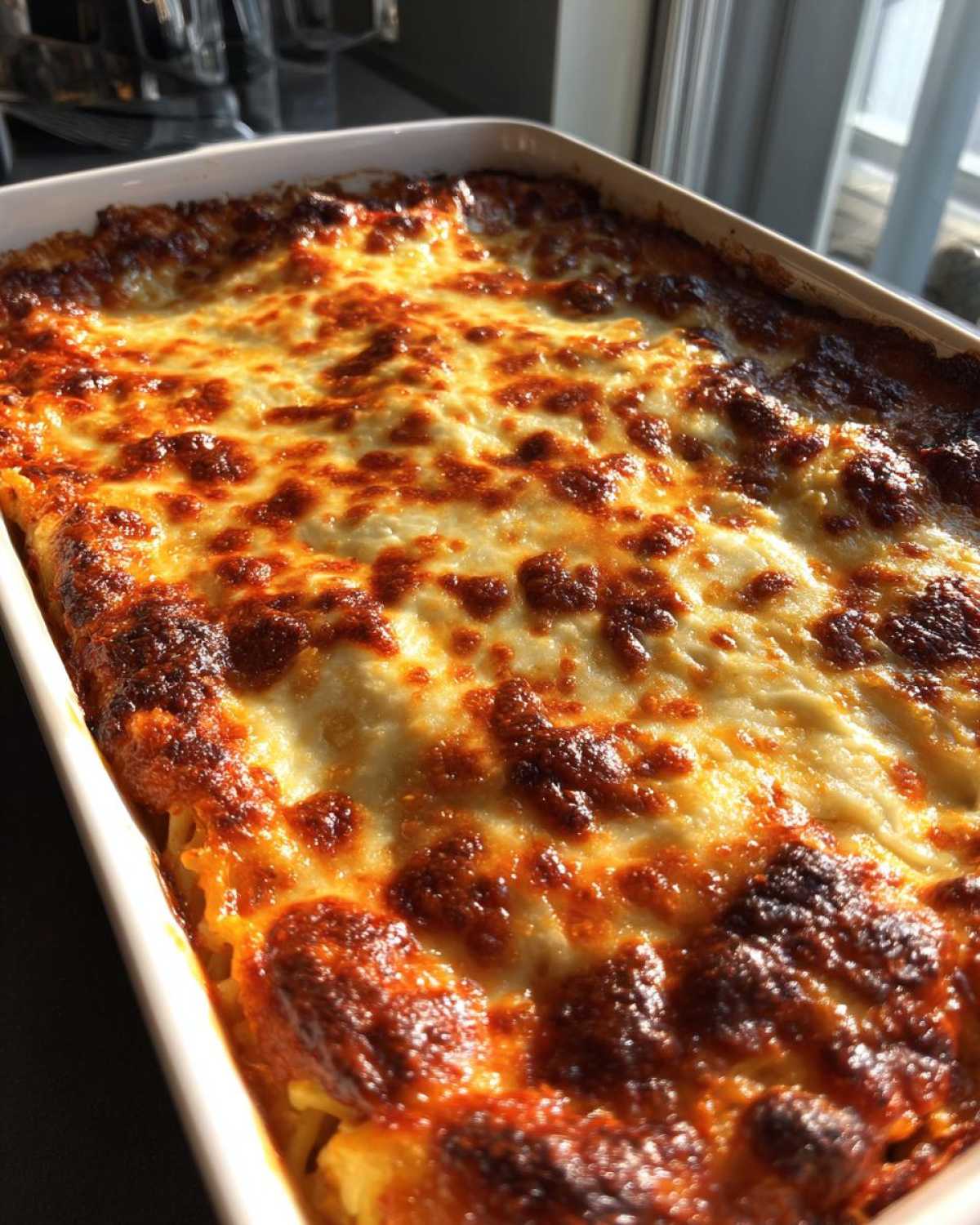 Close-up of a bubbling baked spaghetti casserole with a golden-brown, melted cheese topping.