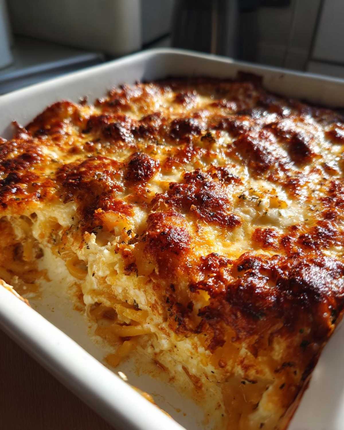 Close-up of a golden-brown, bubbly baked spaghetti casserole in a white dish, showing melted cheese and pasta.