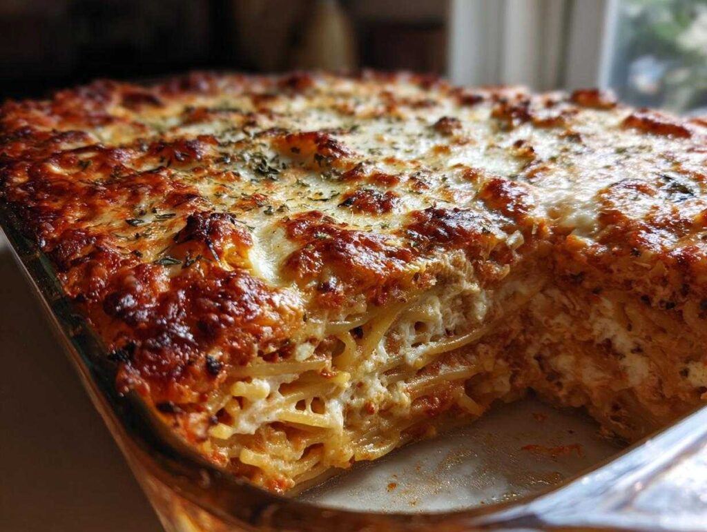 A close-up view of a freshly baked spaghetti casserole, featuring layers of pasta, rich tomato sauce, and melted cheese.