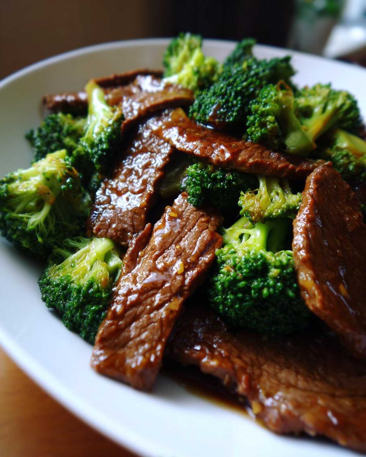 A close-up of a white plate filled with tender slices of beef and vibrant green broccoli florets coated in a savory sauce.