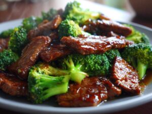 Close-up of a plate piled high with tender slices of beef and vibrant green broccoli florets coated in a glossy sauce.