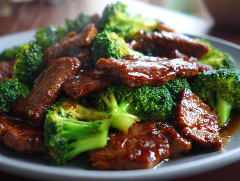Close-up of a plate piled high with tender slices of beef and vibrant green broccoli florets coated in a glossy sauce.