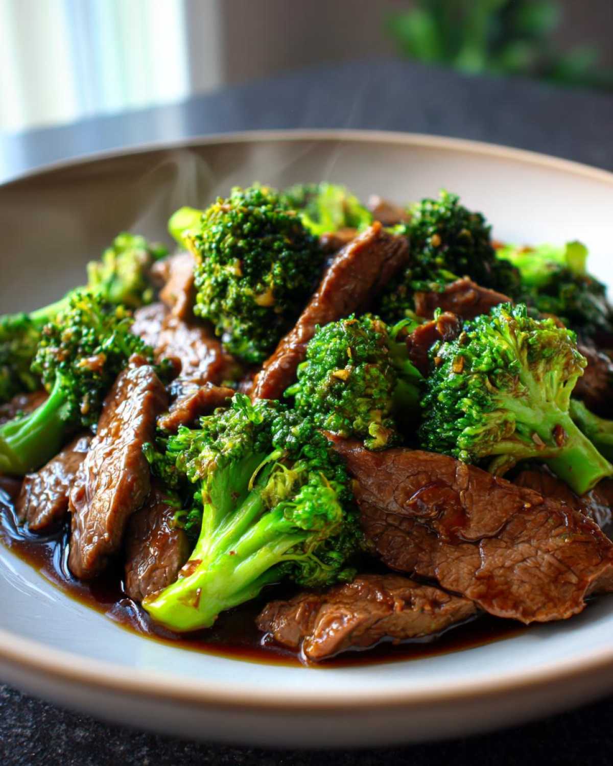 Close-up of a steaming bowl of homemade Beef and Broccoli stir-fry in a savory sauce.